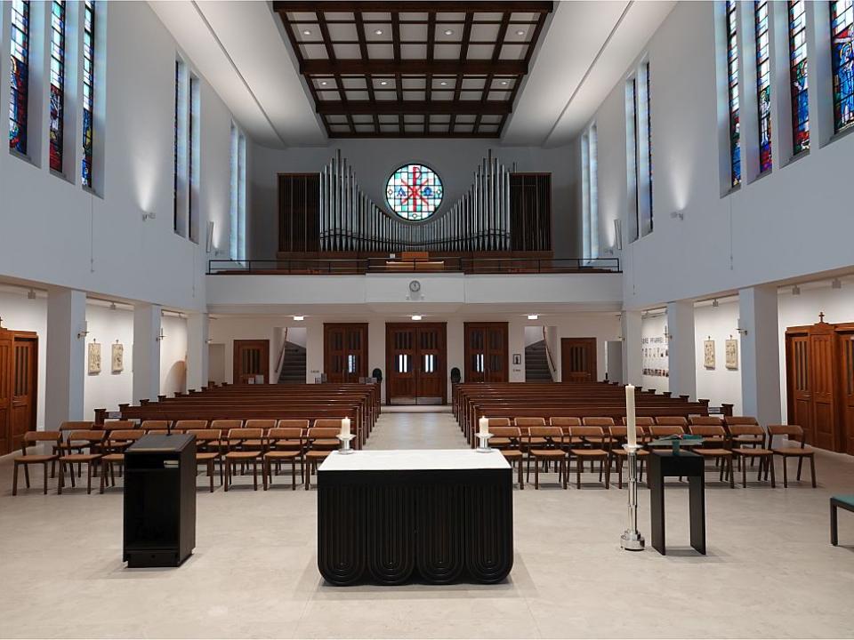 Kirchenschiff nach Süden mit Empore und Orgel 2026